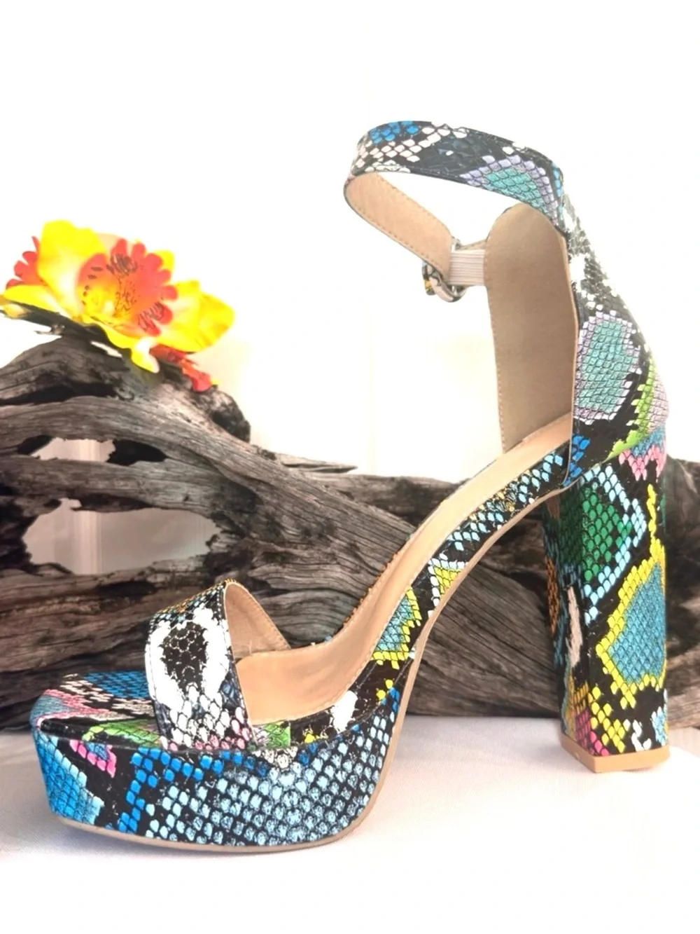 FASHION SHOE ~ Multi-Color Snakeskin Print Open Toe Platform Ankle-Strap Heels